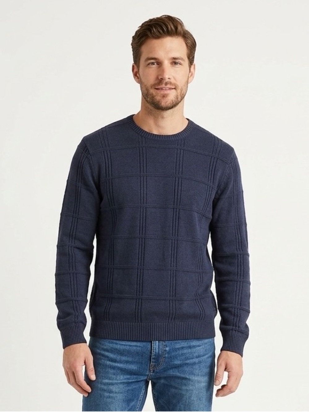 ARROW Mens Crew Neck Pullover Sweater Blue Window Pane Knit L Large NWT lcsr $50